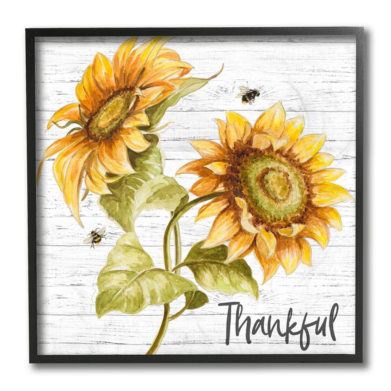 Stupell Industries Thankful Text Country Sunflowers Bumble Bees Framed Wall Art